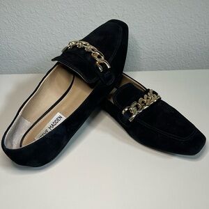 Steve Madden Black Suede Loafers with Gold Accent